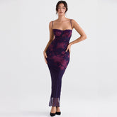 Maxikleid mit Blumenmuster und Netzeinsatz im Vintage-Stil und Schnürung auf der Rückseite - Schwarz