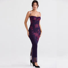 Maxikleid mit Blumenmuster und Netzeinsatz im Vintage-Stil und Schnürung auf der Rückseite - Schwarz