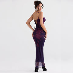 Maxikleid mit Blumenmuster und Netzeinsatz im Vintage-Stil und Schnürung auf der Rückseite - Schwarz