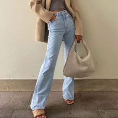 Vintage Jeans mit hoher Taille und ausgefranstem Saum und weitem Bein - Hellblau