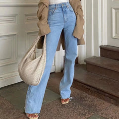 Vintage Jeans mit hoher Taille und ausgefranstem Saum und weitem Bein - Hellblau
