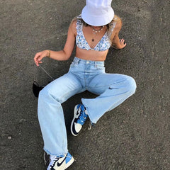 Vintage Jeans mit hoher Taille und ausgefranstem Saum und weitem Bein - Hellblau