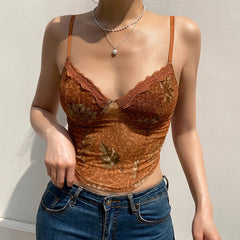 Top corto con escote en forma de corazón y encaje vintage con estampado floral - Marrón