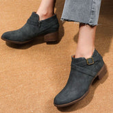 Vintage Pointed Toe Block Heel Buckle Strap Suede Ankle Boots - Gray Blue