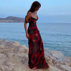 Maxikleid mit Wasserfallausschnitt und kalter Schulter im Vintage-Druck - Rot