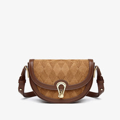 Vintage Suede Argyle Pattern Crossbody Saddle Bag - Brown