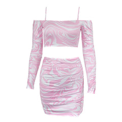 Conjunto de falda con tirantes y hombros descubiertos con efecto tie dye ondulado - Rosa