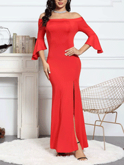 Vestido largo con abertura alta y hombros descubiertos