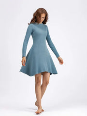 Long Sleeved High Waisted Short Knitted Dress Women Solid High Collar Sweater A-line Dresses Autumn Chic Female Street