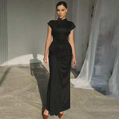 Autumn product temperament slim fit pleated lace up short sleeved dress