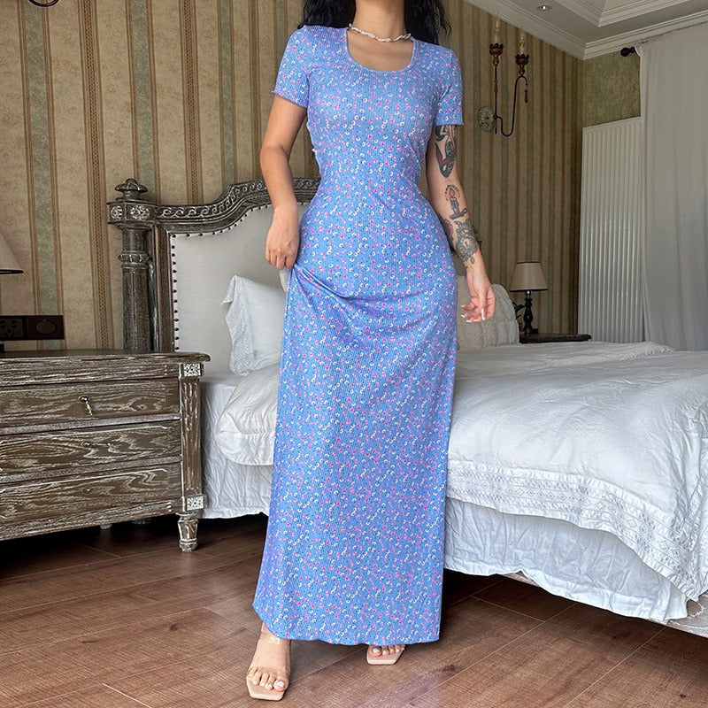 printed U-neck back strap short sleeved dress