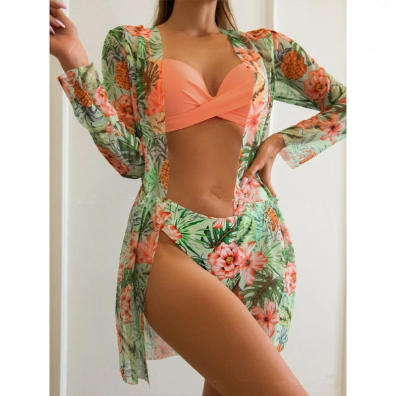 Three Piece Printed Cover Bikini For Women