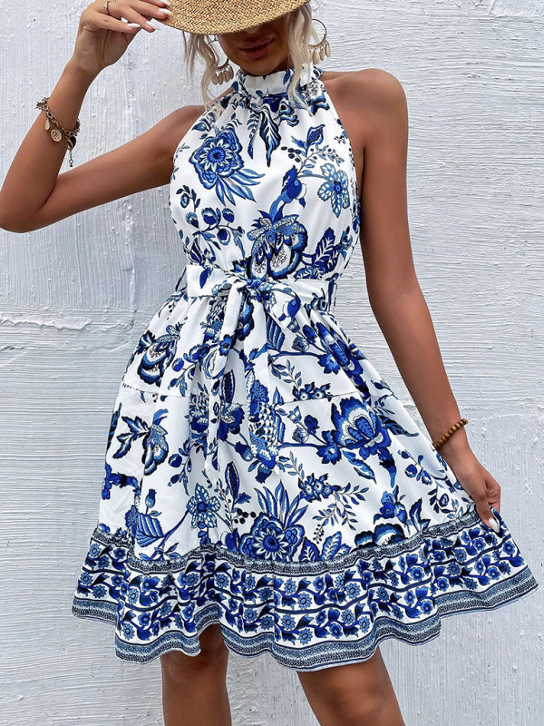 floral waist halter neck dress