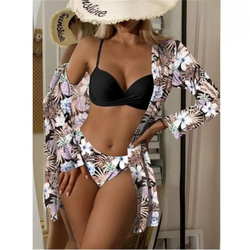 Multicolor Three Pieces Printed Cover Up Bikini For Women