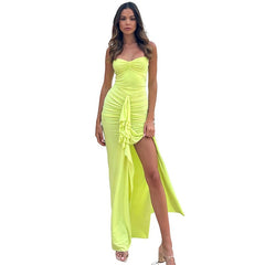Autumn and Winter Hanging Neck One line Neck Drawn Pleated Split Slim Fit Dress