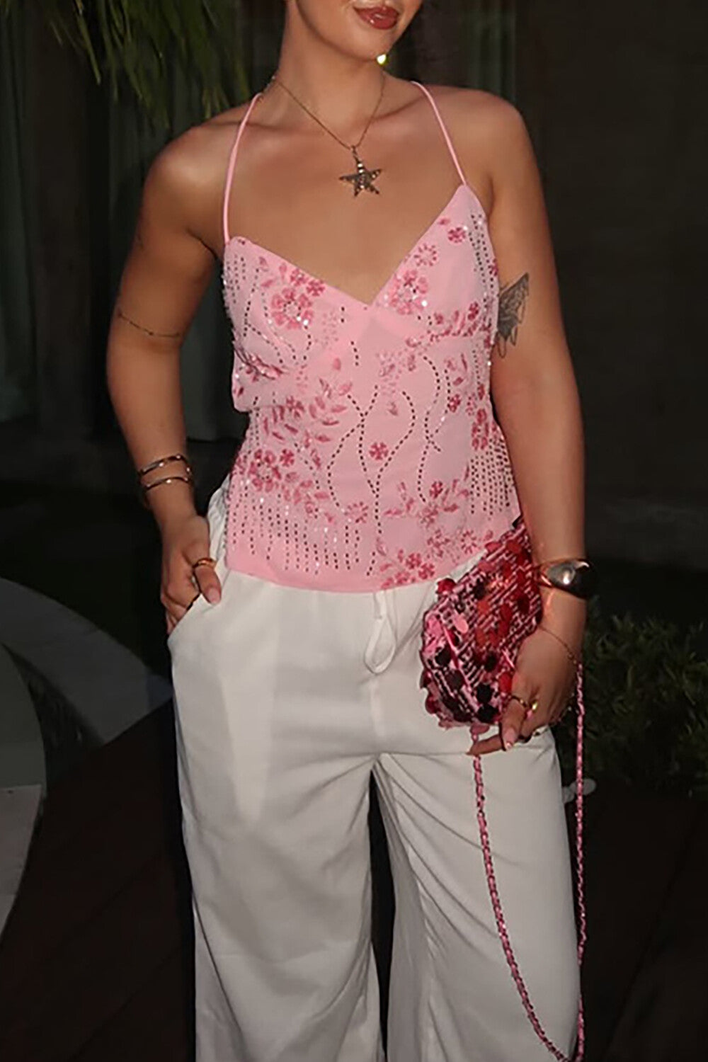 Sequin Floral Pattern V Neckline Halter Open Back Top - Pink
