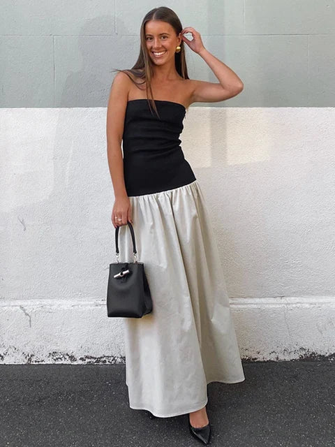 contrasting color strapless sleeveless dress