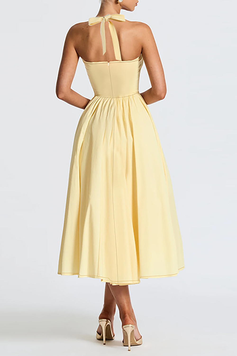 Halter Neck Corset Design Solid Color A - Line Midi Dresses - Yellow