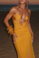 Plunge Neck Ruched Strapless Solid Color Maxi Dresses - Yellow Pre Order