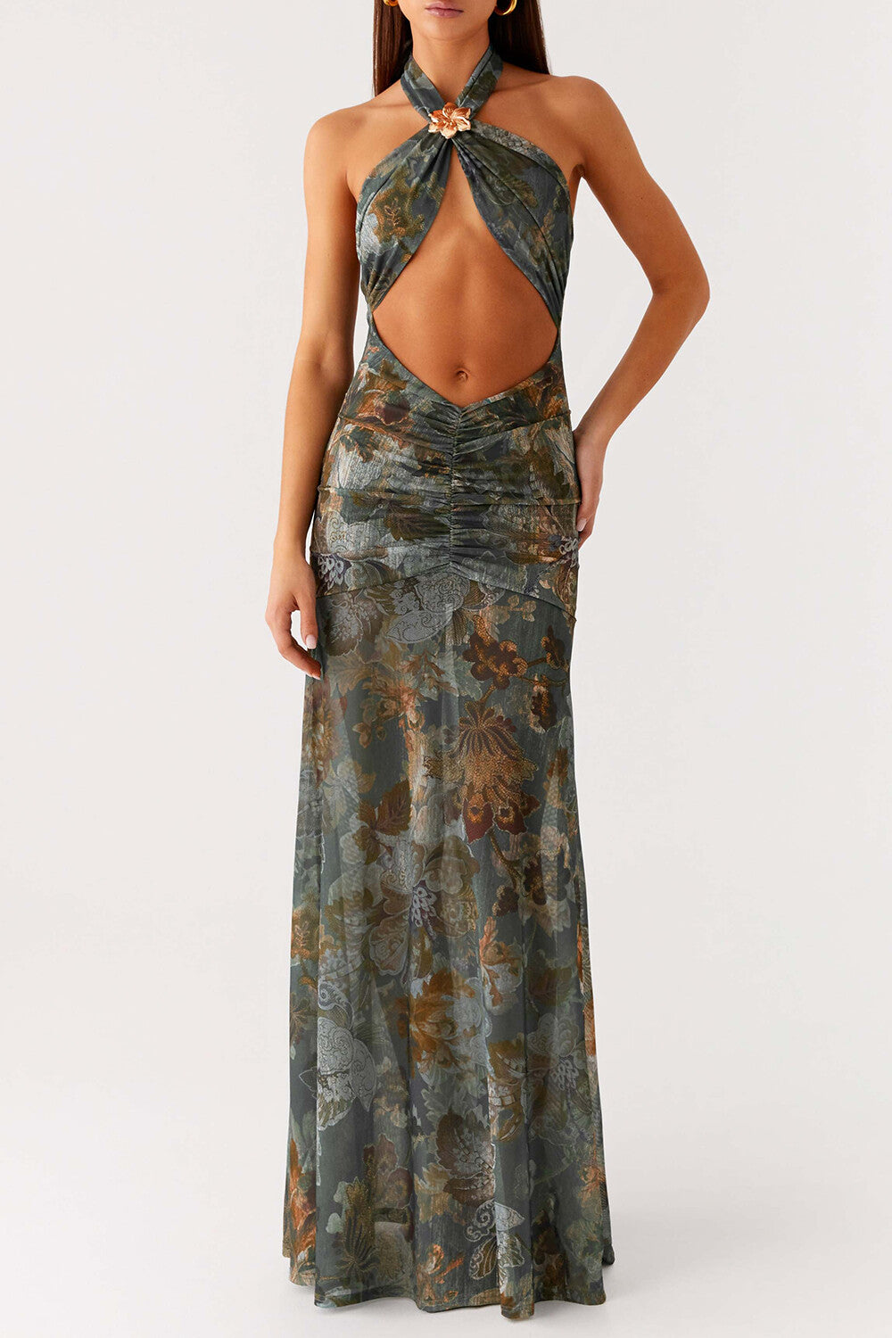 Bare Midriff Floral Pattern Slim Fit Halter Maxi Dresses - SteelBlue Pre Order