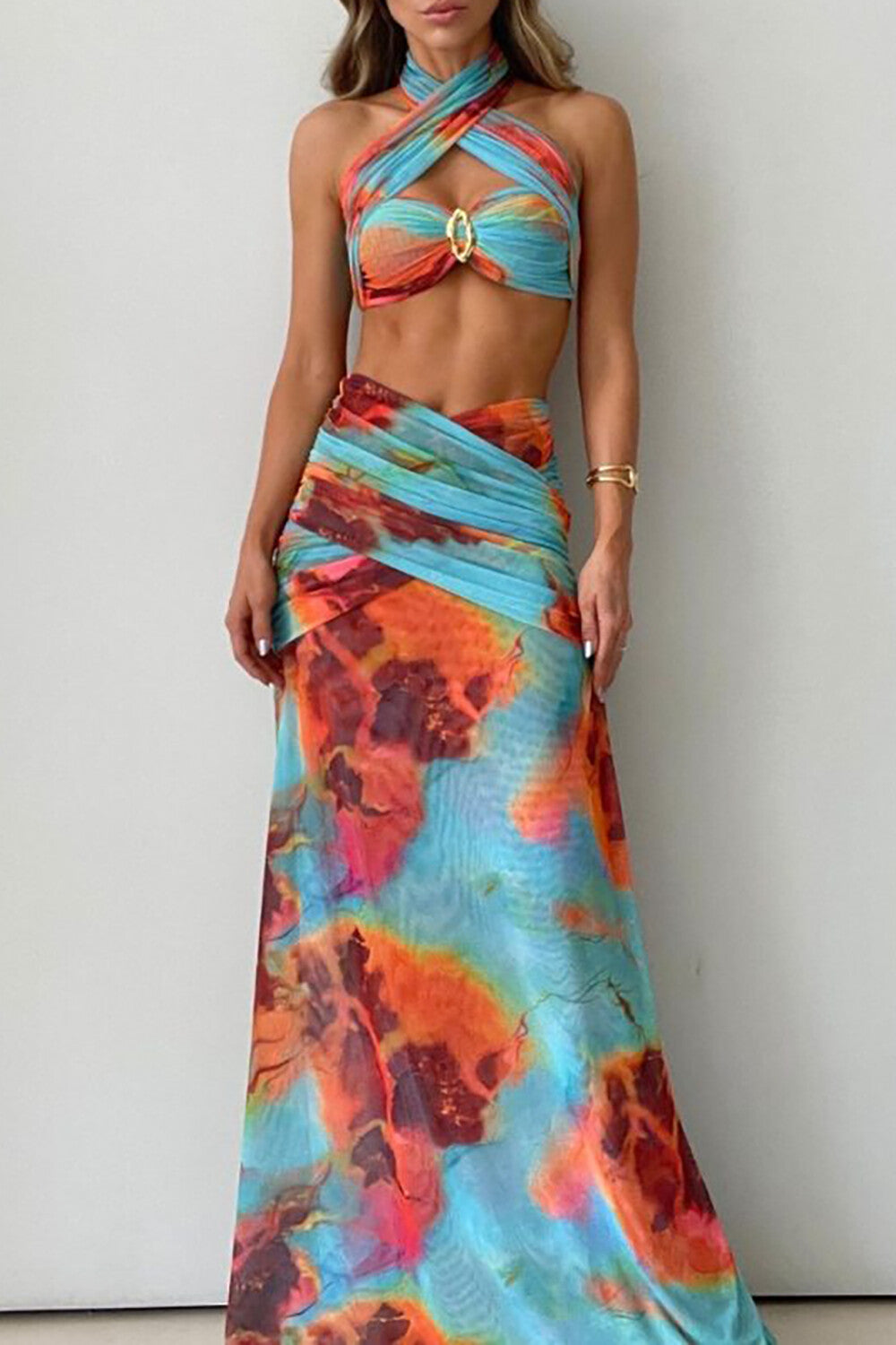 Abstract Print Halter Crop Top Side Slit Maxi Skirt 2pcs Set - Blue