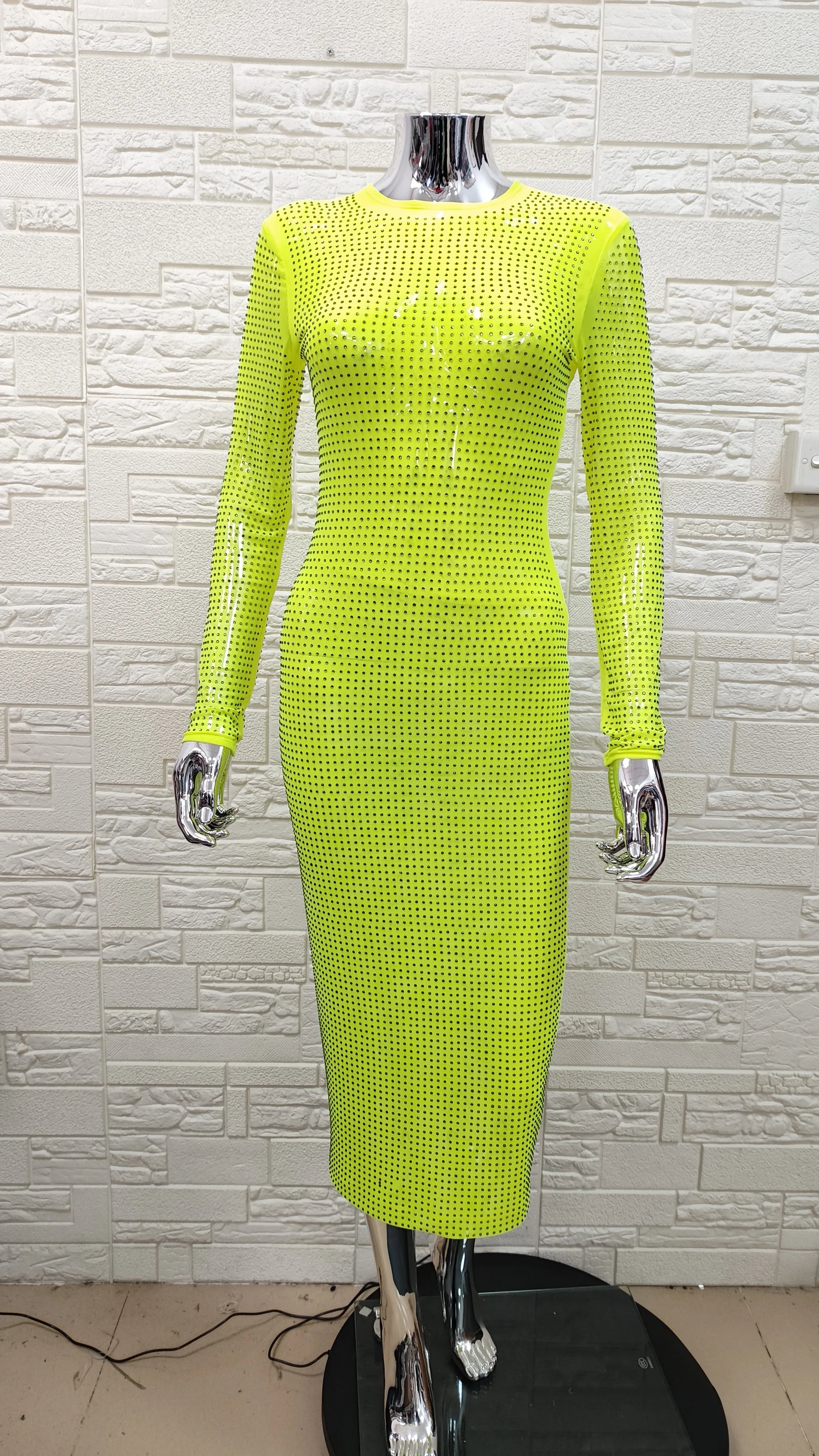 Long Sleeve Diamond Mesh See Through Long Dress