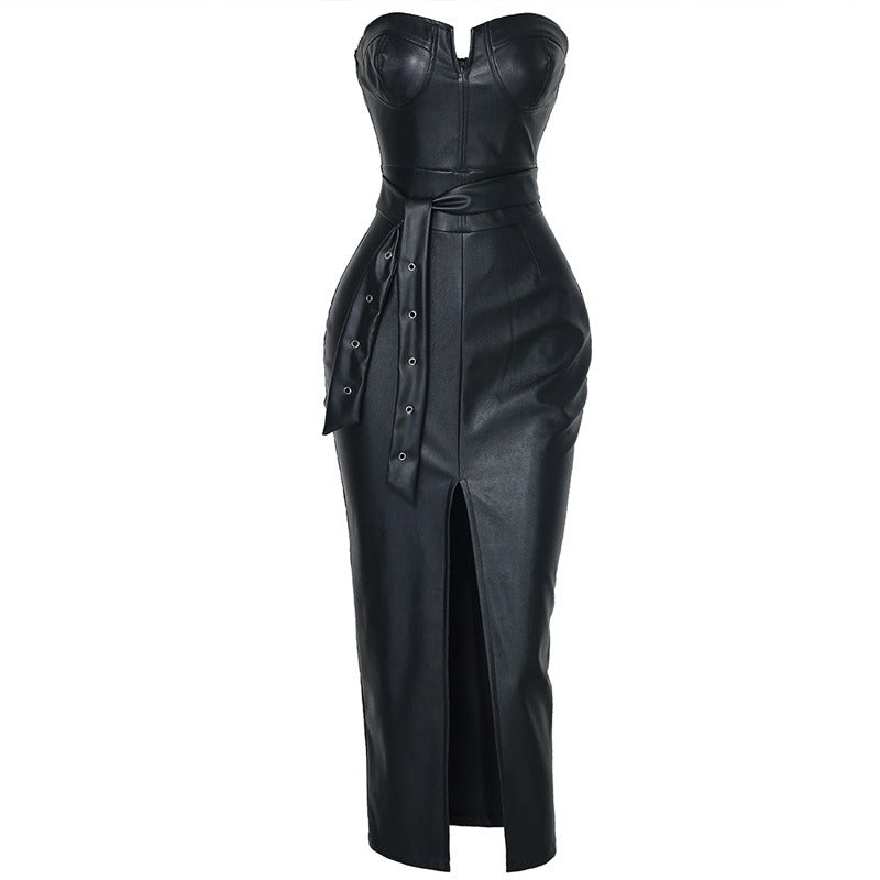 Strapless sexy tight slit PU solid color rivet dress