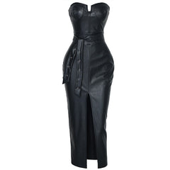 Strapless sexy tight slit PU solid color rivet dress