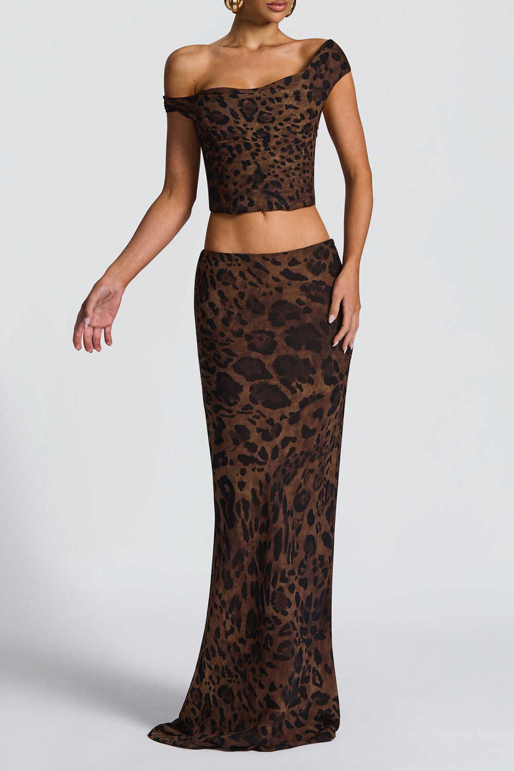 Leopard Print Off Shoulder Crop Top Slim Fit Maxi Skirt 2pcs Set - Brown
