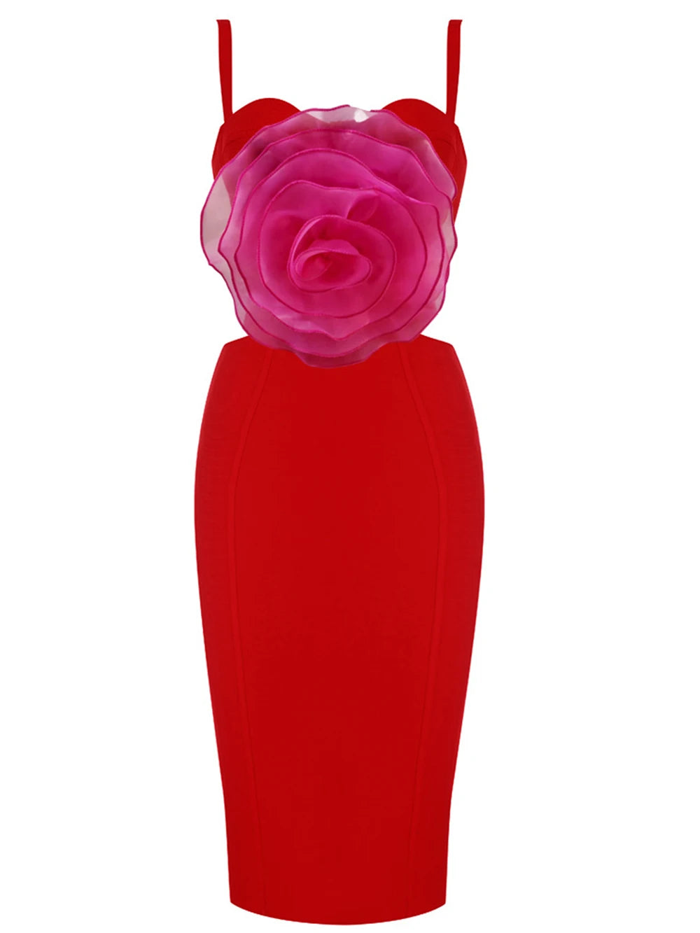Ladies Splicing 3D Large Flowers Spaghetti Strap Backless Design Club Party Sleeveless Sexy Midi Bandage Dress