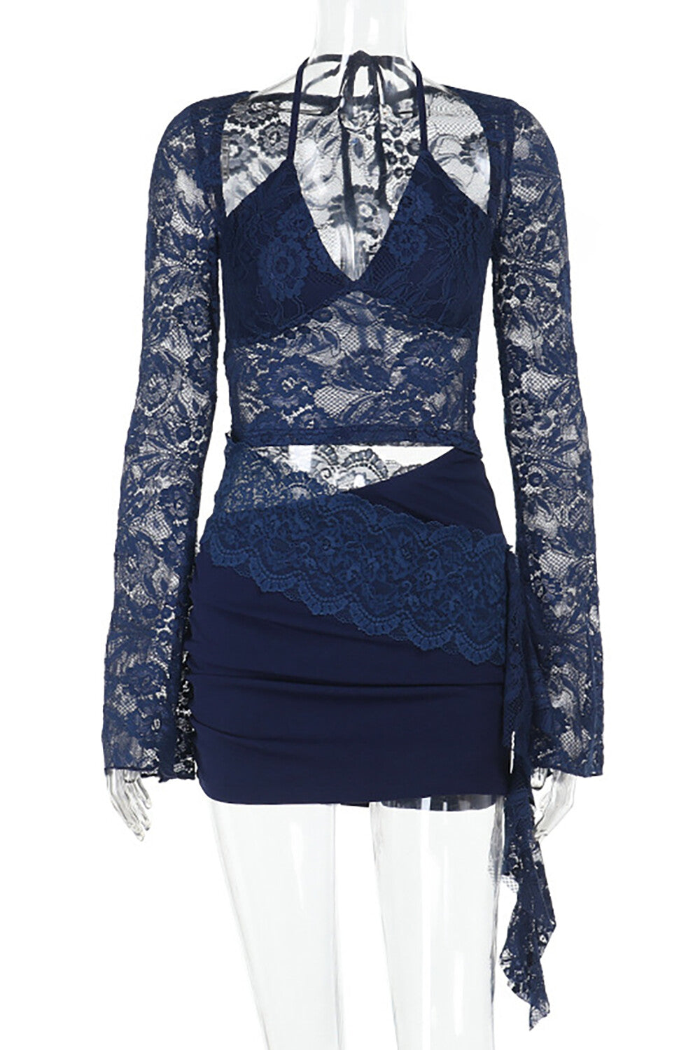 Jacquard Lace Flare Sleeve Halter Bodycon Cutout Mini Dresses - Navy