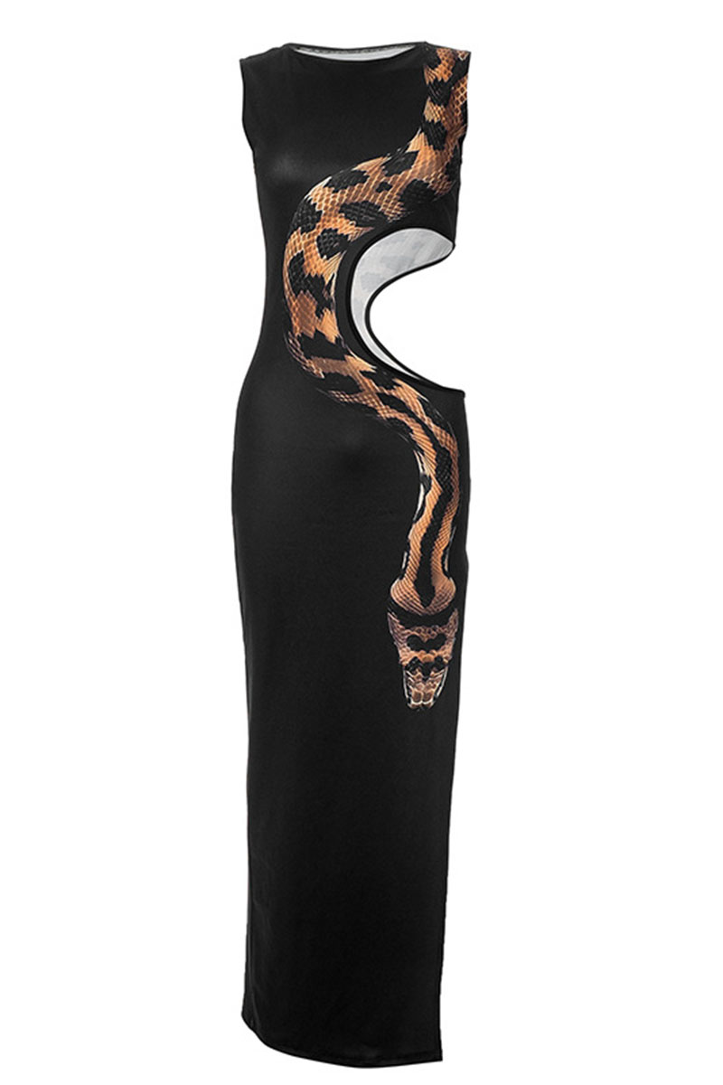 Snake Pattern Cutout Slit Side Slim Fit Maxi Tank Dresses - Black