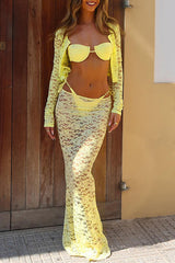 Jacquard Lace Long Sleeve Crop Cardigan Fitted Fishtail Maxi Skirt Set - Yellow