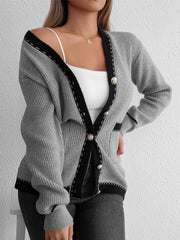 Strickjacke mit kontrastierendem Besatz und Knopfleiste, langärmlig