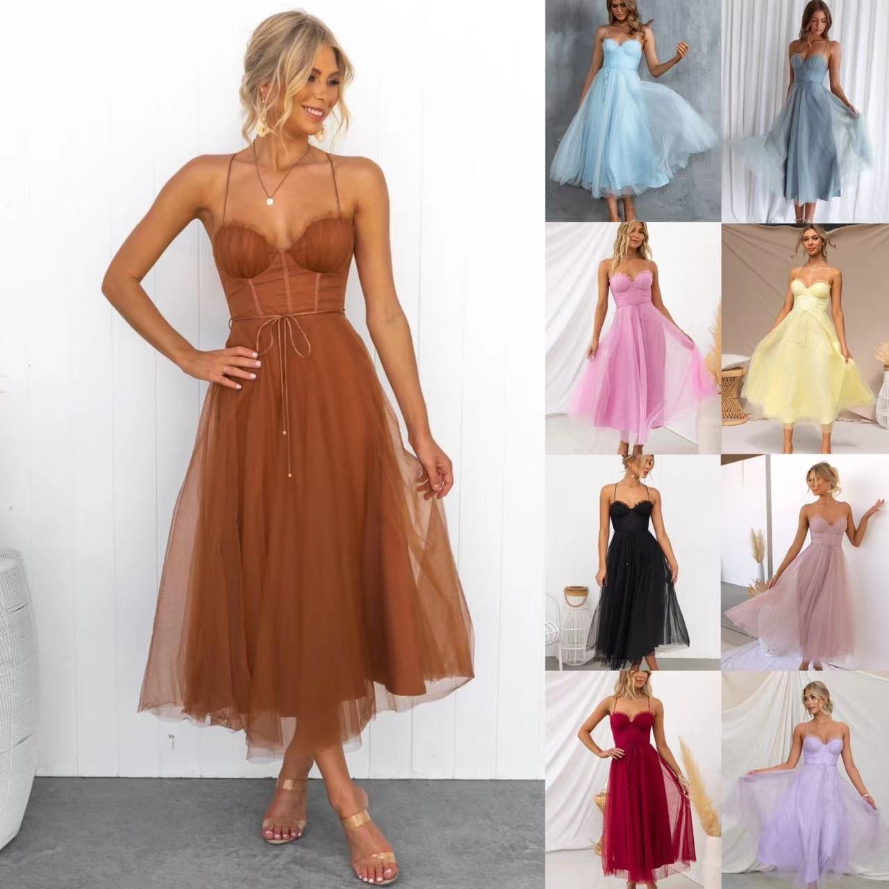 Elegant and sexy suspender mesh party evening dress