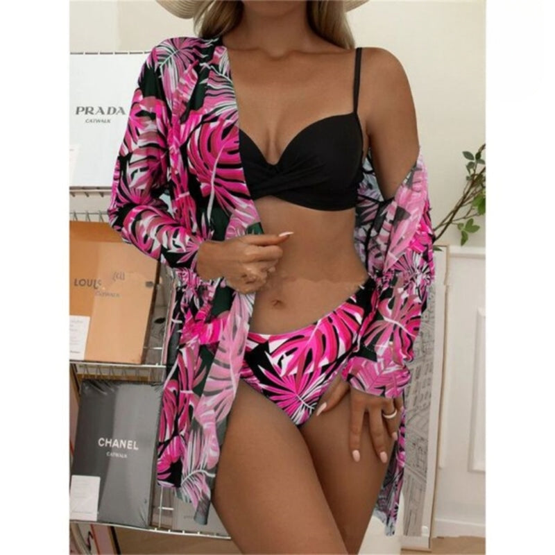 Mehrfarbiger dreiteiliger bedruckter Cover-Up-Bikini für Damen