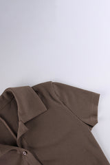 Turndown Collar Button Short Sleeve Textured Plain Romper Playsuits