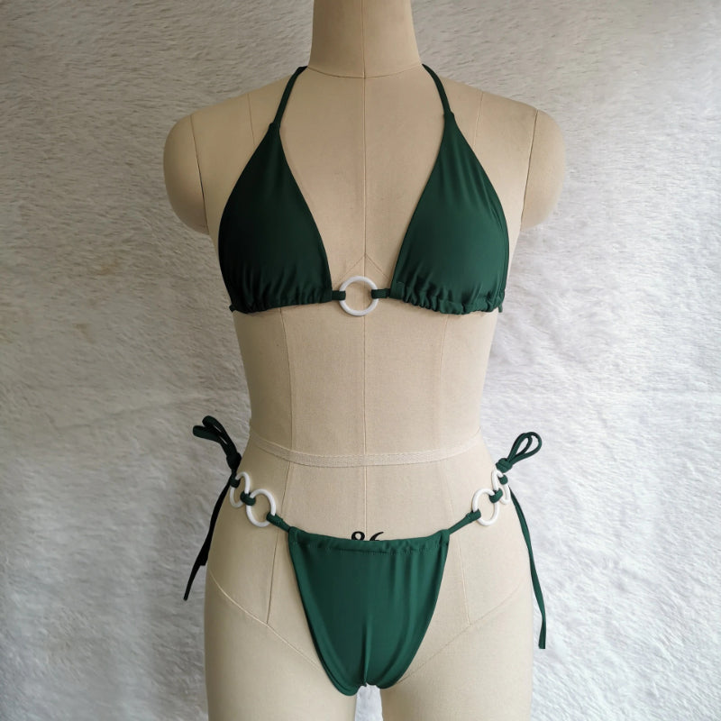 Solid Hollow Out Cross String Bikini Swimsuit Set