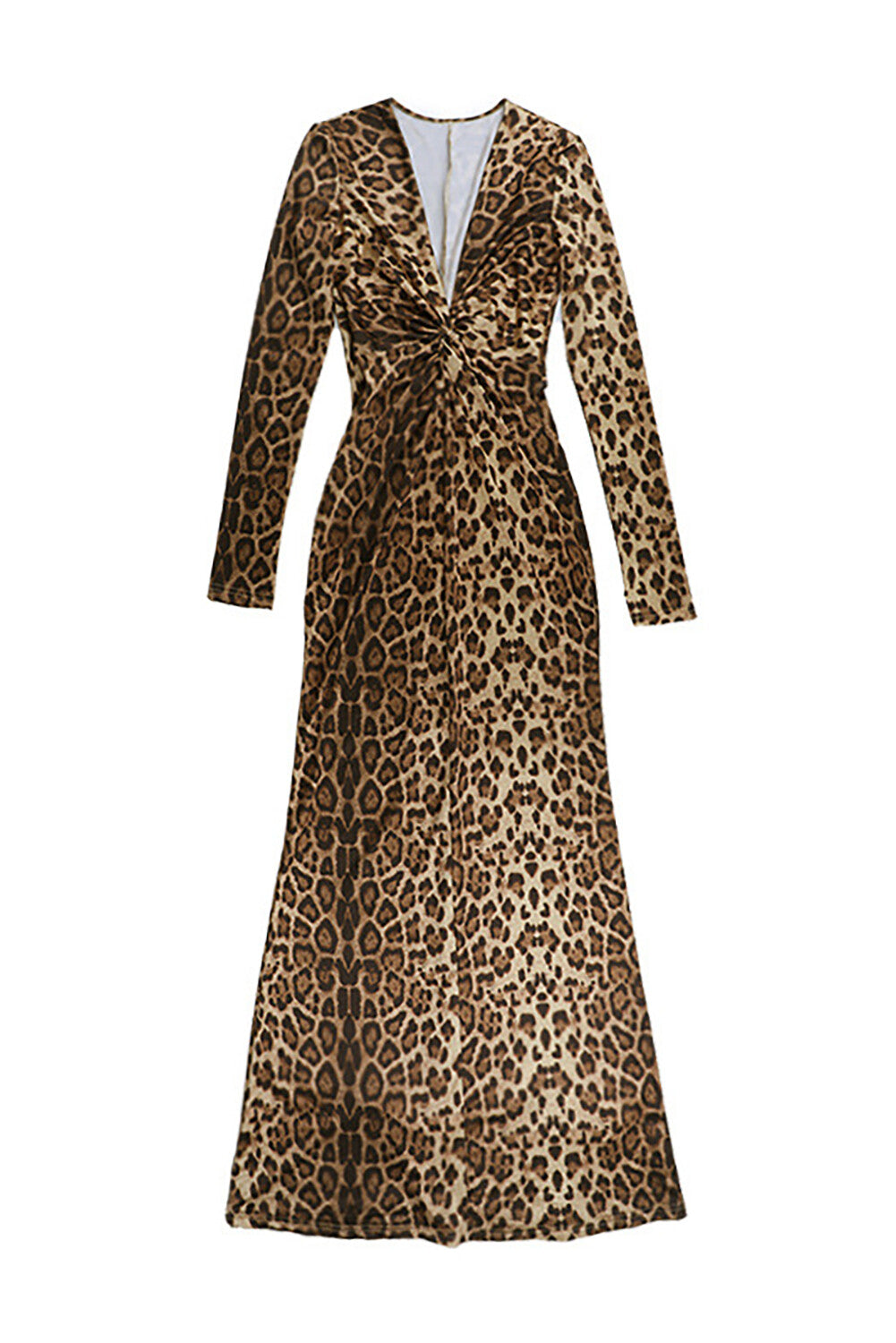 Deep V Neck Long Sleeve Leopard Print Bodycon Maxi Dresses - LightBrown
