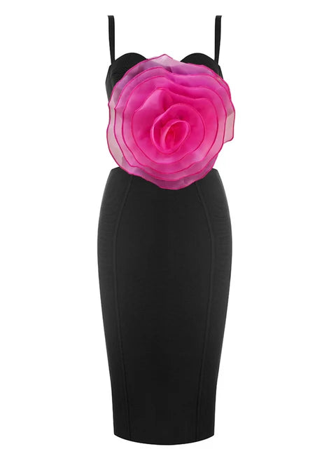 Ladies Splicing 3D Large Flowers Spaghetti Strap Backless Design Club Party Sleeveless Sexy Midi Bandage Dress