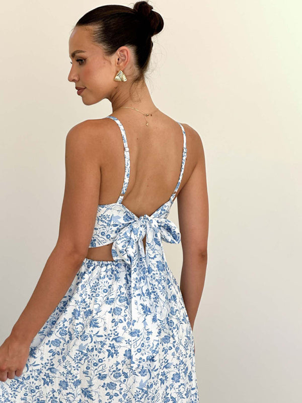 V-neck waist holiday long dress sexy backless bow tie dress
