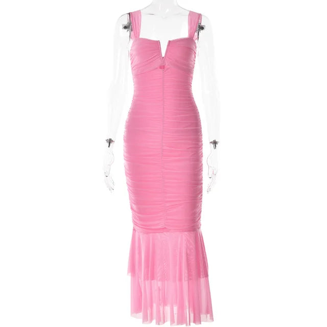 Mozision Hollow Out Backless Ruched Maxi Dress Mesh Elegant Spaghetti Strap Sleeveless Bodycon Party Long Dress