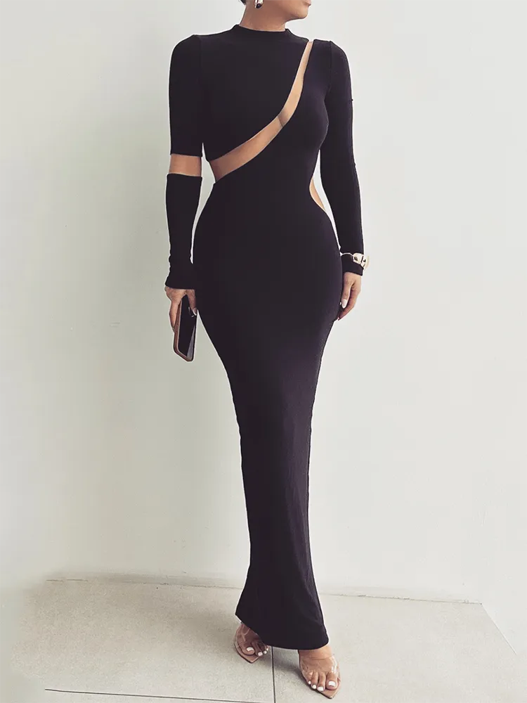 Long Sleeve Dress Autumn Patchwork Hollow Out Club Party Sexy Long Dress Vestidos