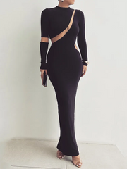 Long Sleeve Dress Autumn Patchwork Hollow Out Club Party Sexy Long Dress Vestidos