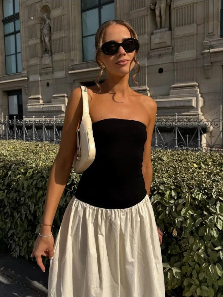 contrasting color strapless sleeveless dress