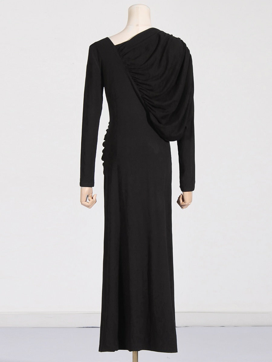 Asymmetric slim fit slimming long dress with V-neck design pleated solid color dress
