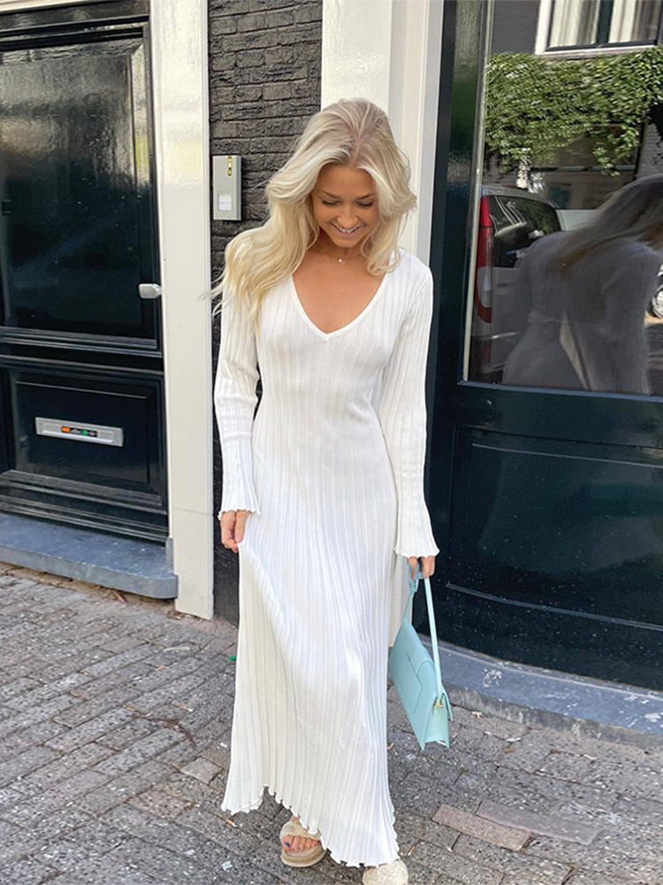 V-neck Women Knitted Maxi Dress Autumn Elegant Ribbed Long Sleeve Bodycon Dress