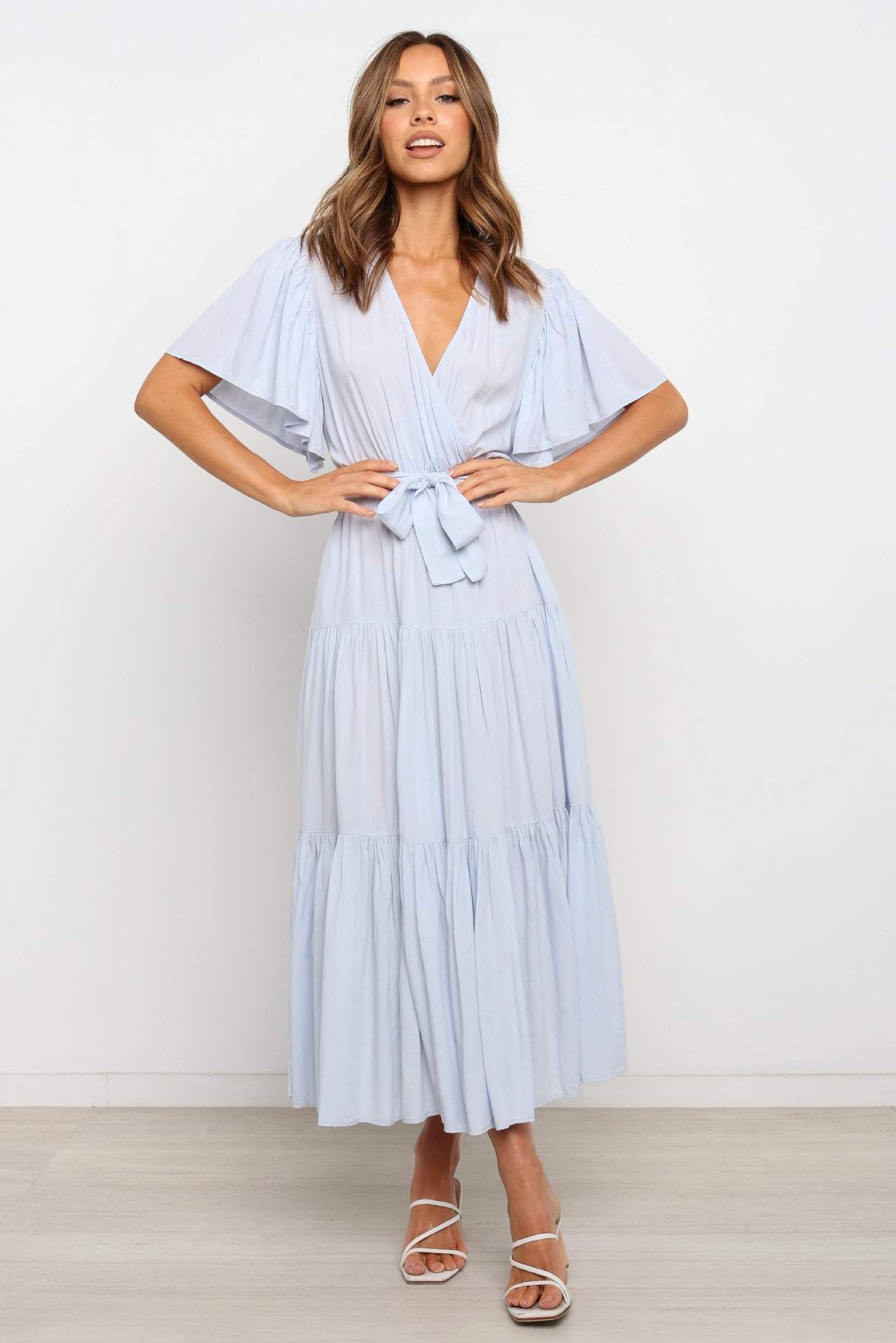 Solid Color Short-Sleeved Long Skirt Dress Dress V-Neck Lace-Up Dress