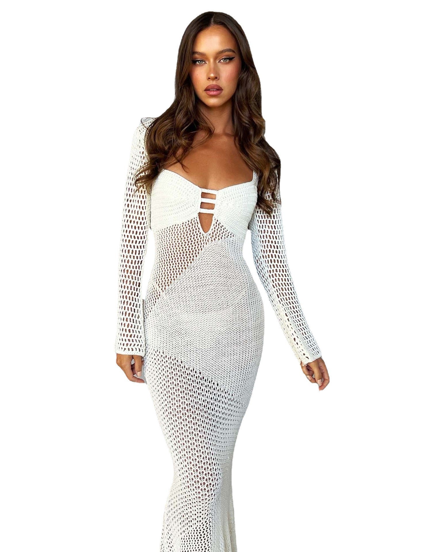 hollow out long sleeved knitted low cut sexy backless dress