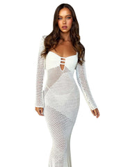 hollow out long sleeved knitted low cut sexy backless dress